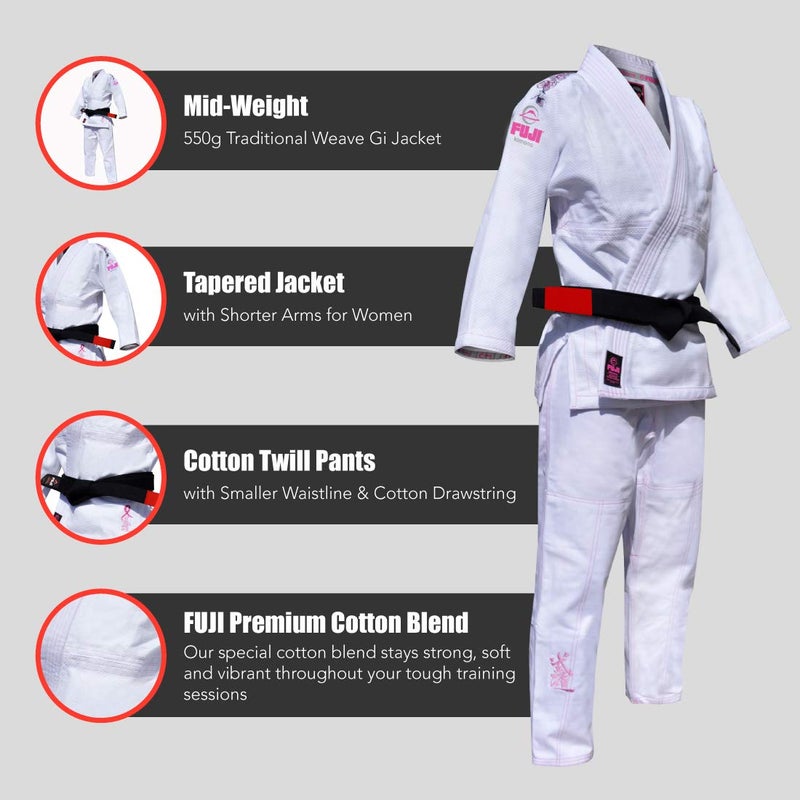 FUJI All-Around Brazilian Style Jiu Jitsu Uniform, White (Pink Lettering), Size W3 - Image 3